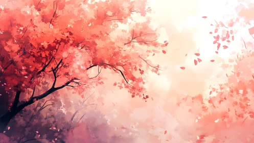 Gentle autumn canopy glowing in soft pink evening light.