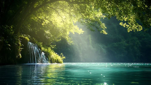 Sunlit forest waterfall over tranquil turquoise pool.