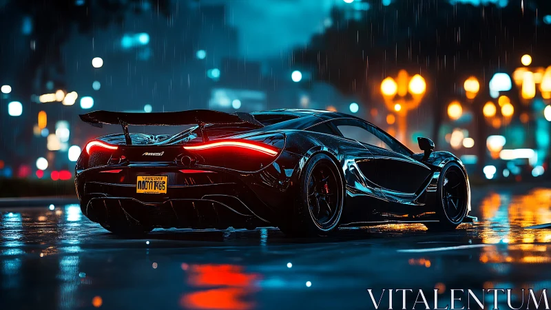 Hyperreal rear three-quarter view of black supercar in rain