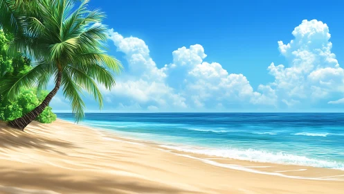 Tropical Beach Paradise with Palm Tree Breeze.