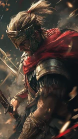 Armored warrior in dynamic cinematic battlefield lighting.