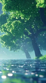 Shallow Water Beneath Luminous Canopy with Bokeh Effect