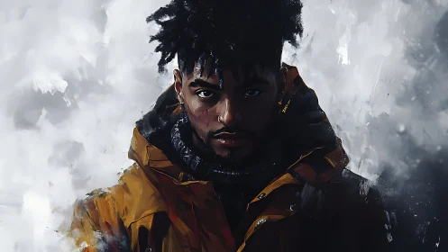 Moody portrait of a hooded man in a yellow winter coat.