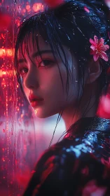 Moody portrait of wet woman in neon red rain scene.
