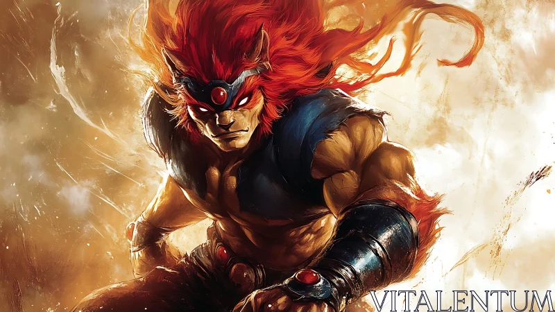 Fiery warrior lunges forward through blazing light storm.