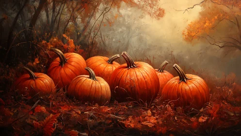 Pumpkin cluster in misty autumn woodland with warm light.