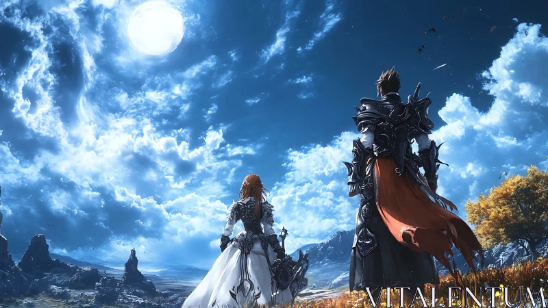 Armored fantasy pair observing vast bright sky scene.