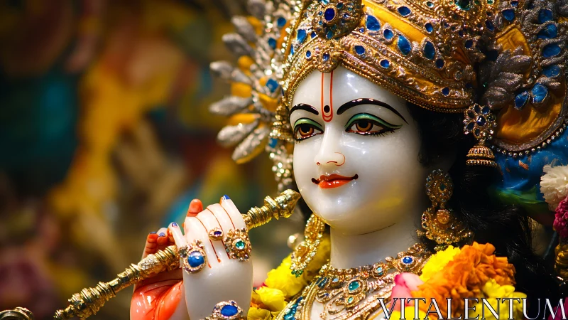 Jeweled deity statue with flute in radiant temple splendor.