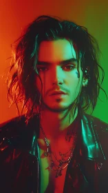 Male portrait under red and green studio lighting effects.