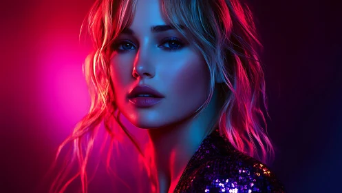 Neon rim‑lit female portrait in vibrant magenta cyan bokeh glow