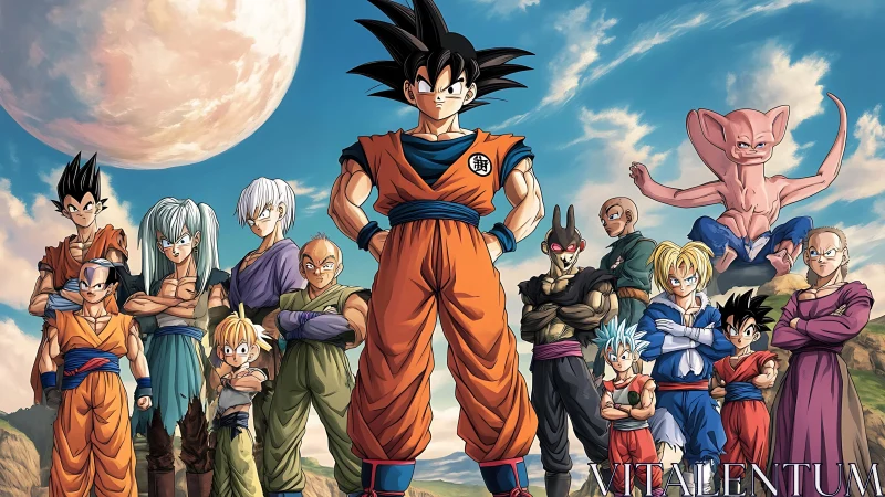 Central anime hero flanked by diverse fighters under massive planet