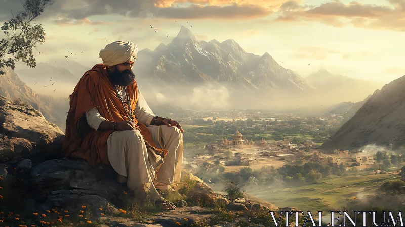 Turbaned sage overlooking sunlit valley city and alpine peaks