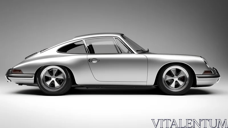Side profile study of silver classic coupe on gray ground.