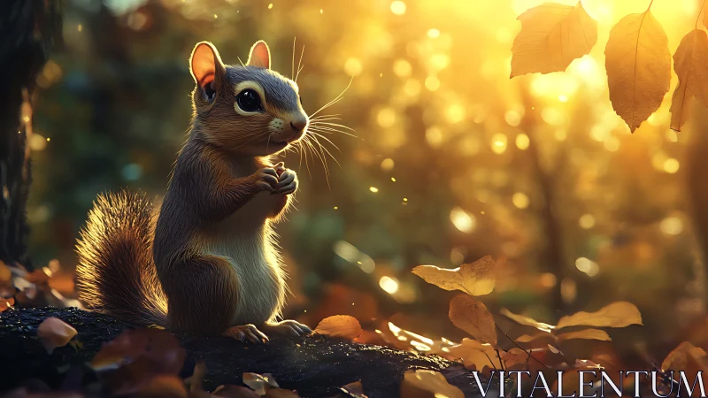 Curious squirrel glows in golden autumn forest light