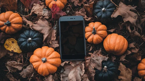 Autumn's Tech Moment Among Harvest Pumpkins.
