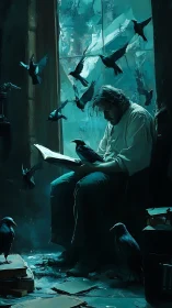 Solitary reader surrounded by crows in dim blue room.