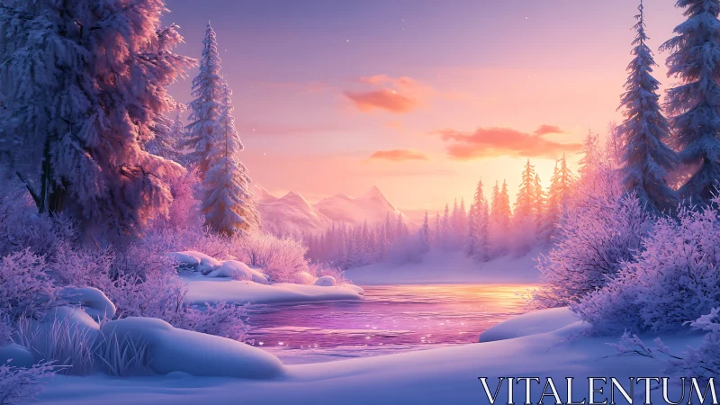 Gentle winter sunrise glows over a peaceful snowy river