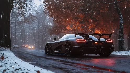 Sleek sports car glowing warmly on a snowy forest road.