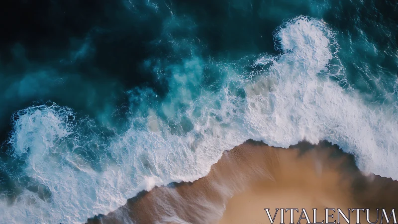 Overhead ocean surf crashes onto smooth empty shoreline