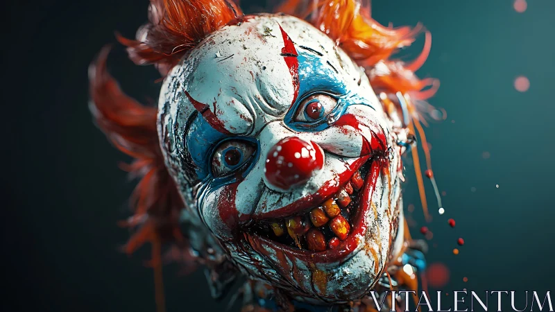 Hyperreal grotesque killer clown portrait with splatter decay