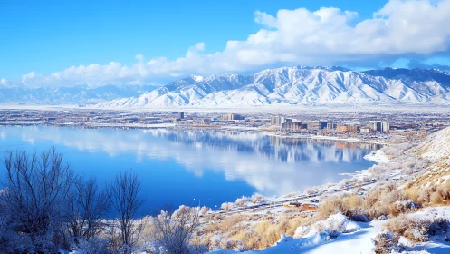 Winterlit lakeside city cradled by mirrored blue mountains.