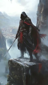 Hooded figure with sword stands on cliff above distant city