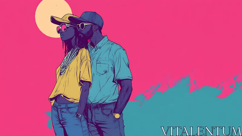 Cool couple shares a bold sunset moment in neon color harmony