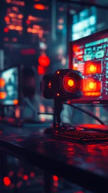 Cyberpunk surveillance workstation with luminous sensor core.