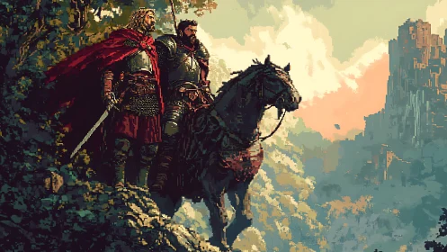 Crimson‑cloaked knights survey a fog‑drowned citadel horizon.