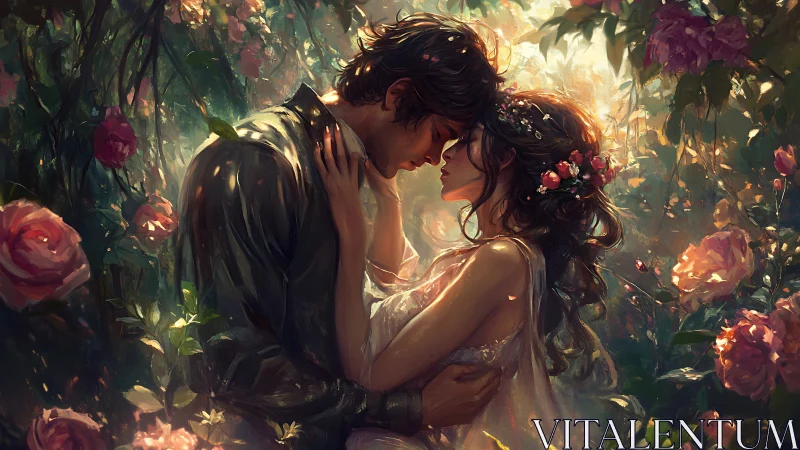 A Romantic Moment Among Glowing Garden Blooms.