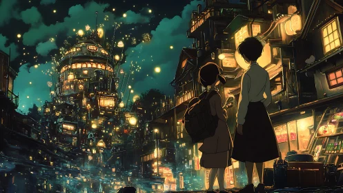 Lantern-lit hill city glows as two curious children wander.