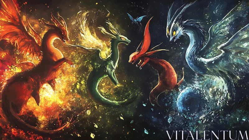 Elemental dragon creatures in vivid fiery and icy clash.