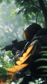 Stealth commando aims rifle through misty jungle foliage.