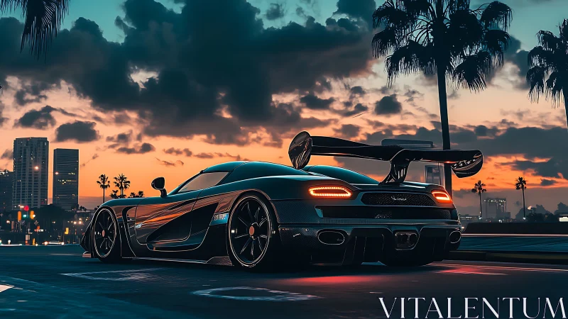 Digital painting of hypercar at neon dusk boulevard streetscape.