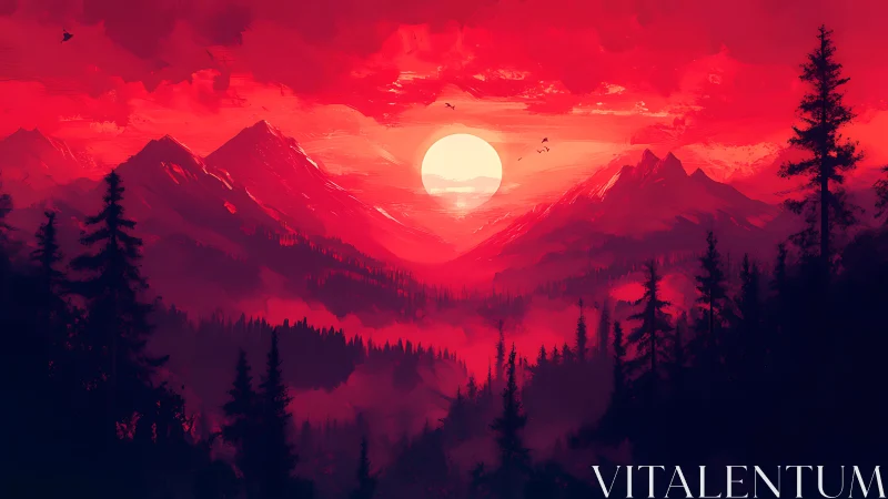 Crimson alpine sunset over misted pines in digital landscape.