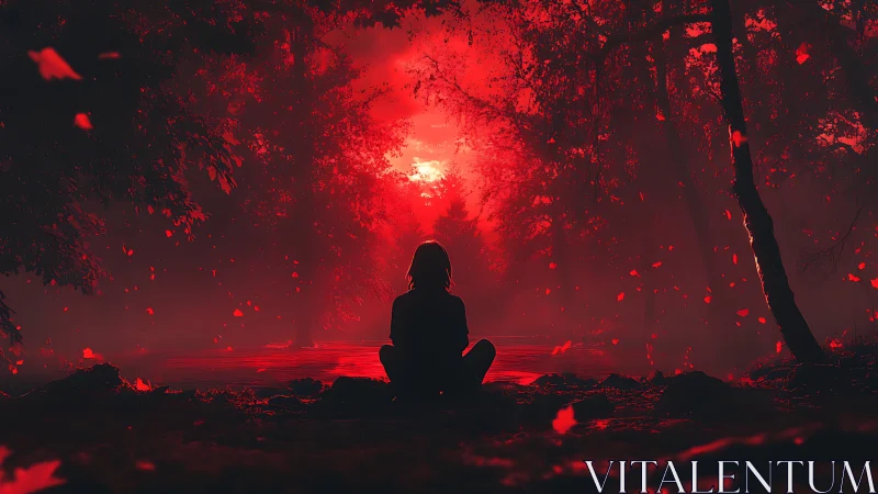 Silhouette meditating by crimson river under fiery forest sky