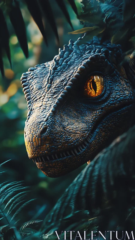 Velociraptor eye glows like molten amber in jungle hush
