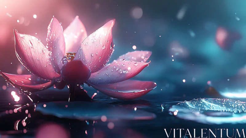 Gentle pink lotus opens softly above dreamy blue water