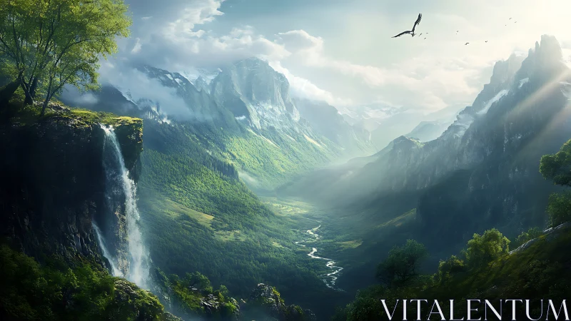 Sunlit valley with waterfall and soaring mountain eagles