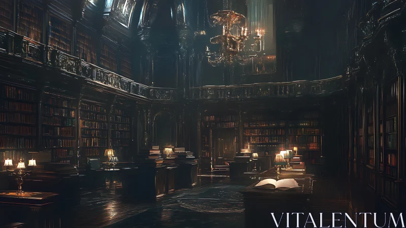 Dimly lit grand library interior shows tall shelves and desks