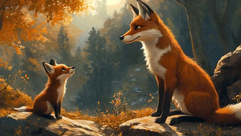 Autumn forest vignette renders adult and juvenile fox in soft backlight