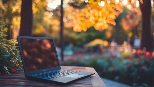 Laptop computer on wooden table in landscaped outdoor setting.