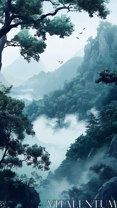 Misty Mountain Valley Landscape with Ancient Trees