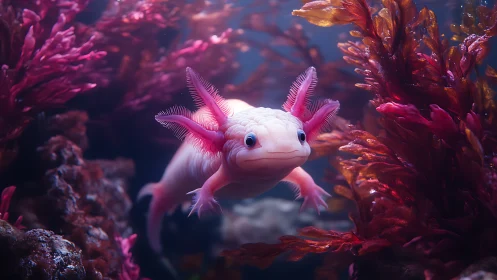 Pink axolotl swimming among dense red aquatic plants.