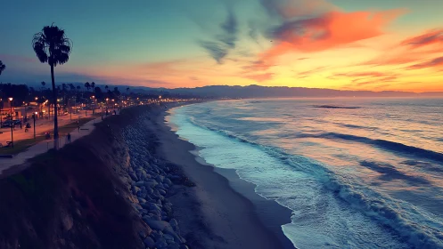 Coastal bluff shoreline under chromatic dusk stratocumulus sky.