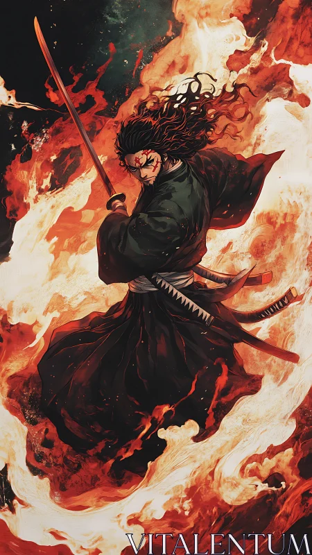 Fiery samurai warrior swirling through dancing crimson flames.