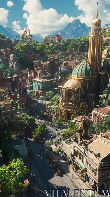 Sunlit fantasy city avenue welcomes wanderers and wonder