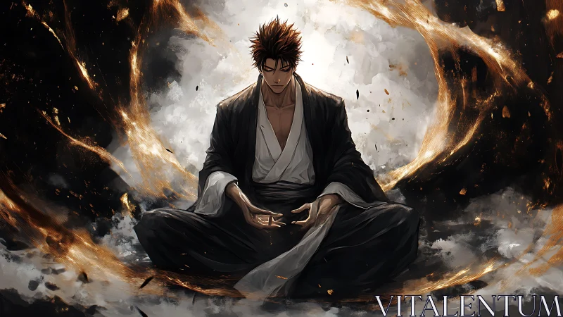 Stormlit warrior breathes fire-ringed calm into the void