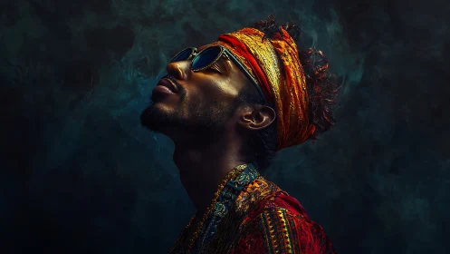 Portrait of a man in vivid tribal textiles breathing in serenity