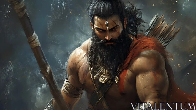 Warrior figure holds spear and arrows in atmospheric scene